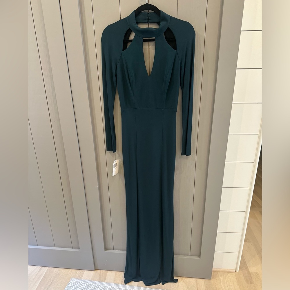 NWT ABS Allen B Schwartz Deep Teal full length BACKLESS gown w/Long Sleeves